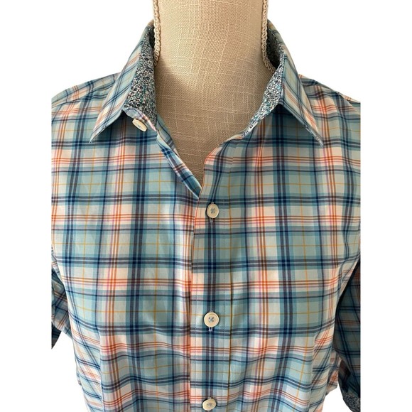 Bugatchi Classic Fit Colorful Plaid Short Sleeve Button Down Sz M Flip Cuff - Picture 3 of 8